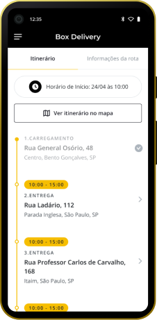 tela de itinerário no aplicativo da Vuxx